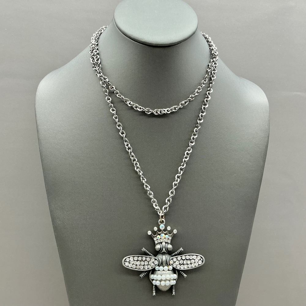 Necklace Women Silver Tone‎ Queen Bee Crown Faux Pearl Rhinestone Pendant 30"